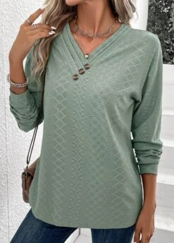 Sage Green Button Long Sleeve T Shirt -Modlily Shop 337576 P 16899448498902