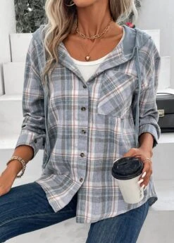 Dusty Blue Pocket Plaid Long Sleeve Hooded Coat -Modlily Shop 337582 P 16898487080054