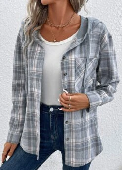 Dusty Blue Pocket Plaid Long Sleeve Hooded Coat -Modlily Shop 337582 P 16898487084562