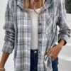 Dusty Blue Pocket Plaid Long Sleeve Hooded Coat