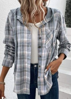 Dusty Blue Pocket Plaid Long Sleeve Hooded Coat