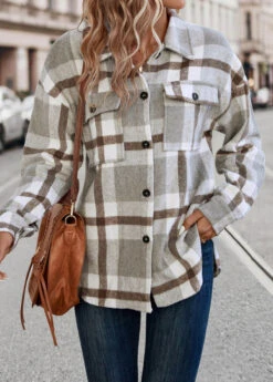 Light Grey Pocket Plaid Long Sleeve Shirt Collar Coat -Modlily Shop 337588 P 16899092360245