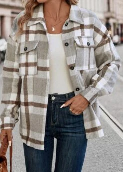 Light Grey Pocket Plaid Long Sleeve Shirt Collar Coat