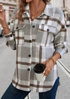 Light Grey Pocket Plaid Long Sleeve Shirt Collar Coat -Modlily Shop 337588 P 16899092365614