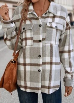Light Grey Pocket Plaid Long Sleeve Shirt Collar Coat -Modlily Shop 337588 P 16899092369022