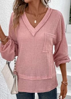 Pink Patchwork Long Sleeve V Neck T Shirt 11 Pink Patchwork Long Sleeve V Neck T Shirt -Modlily Shop 337594 P 16898486951962