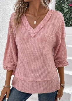 Pink Patchwork Long Sleeve V Neck T Shirt 10 Pink Patchwork Long Sleeve V Neck T Shirt -Modlily Shop 337594 P 16898486952920