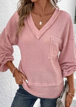 Pink Patchwork Long Sleeve V Neck T Shirt 12 Pink Patchwork Long Sleeve V Neck T Shirt -Modlily Shop 337594 P 16898486956683