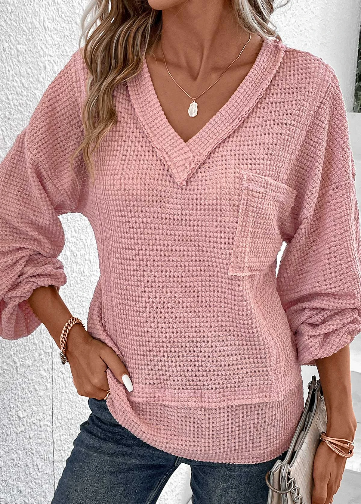 Pink Patchwork Long Sleeve V Neck T Shirt 7 Pink Patchwork Long Sleeve V Neck T Shirt - Image 5