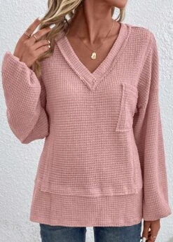 Pink Patchwork Long Sleeve V Neck T Shirt 13 Pink Patchwork Long Sleeve V Neck T Shirt -Modlily Shop 337594 P 16898486956935