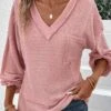 Pink Patchwork Long Sleeve V Neck T Shirt -Modlily Shop 337594 P 16898486957941