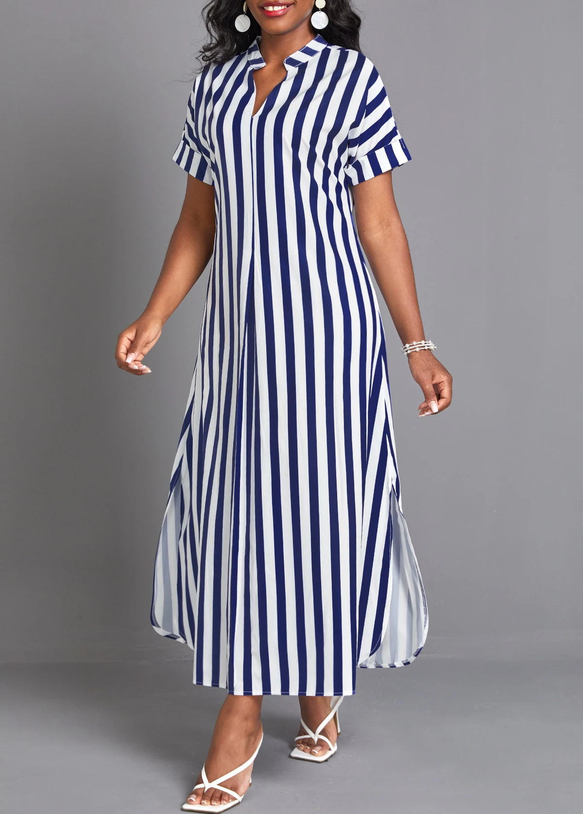 Navy Split Striped Maxi Shift Dress 4 Navy Split Striped Maxi Shift Dress - Image 3