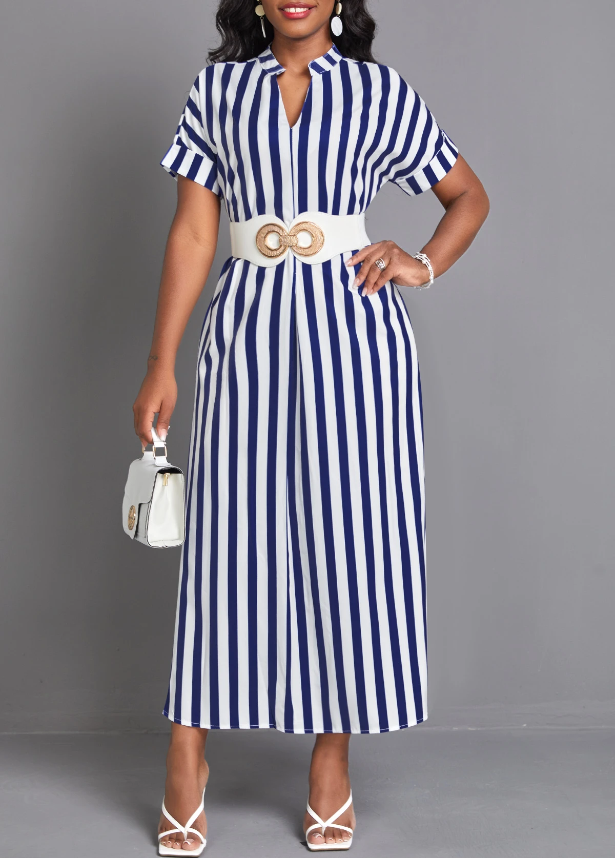 Navy Split Striped Maxi Shift Dress 5 Navy Split Striped Maxi Shift Dress - Image 4