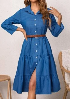 Shirt Collar Denim Blue Button Belted Dress -Modlily Shop 337674 P 16895899880592
