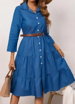 Shirt Collar Denim Blue Button Belted Dress -Modlily Shop 337674 P 16895899881323