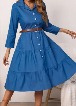 Shirt Collar Denim Blue Button Belted Dress