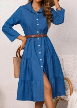 Shirt Collar Denim Blue Button Belted Dress -Modlily Shop 337674 P 16895899886424