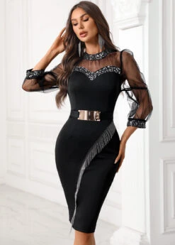 Black Sequin Mesh Patchwrok Belted Bodycon Dress