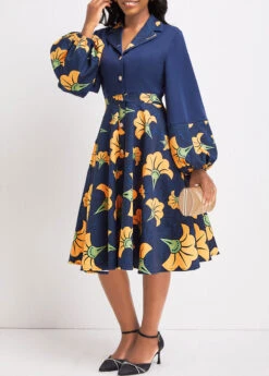 Navy Umbrella Hem Leaf Print Long Sleeve Dress -Modlily Shop 337703 P 16953675111432