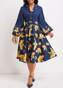 Navy Umbrella Hem Leaf Print Long Sleeve Dress