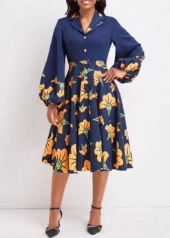 Navy Umbrella Hem Leaf Print Long Sleeve Dress -Modlily Shop 337703 P 16953675113283