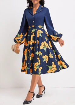 Navy Umbrella Hem Leaf Print Long Sleeve Dress -Modlily Shop 337703 P 16953675115794