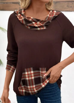 Dark Coffee Pocket Plaid Long Sleeve Hoodie -Modlily Shop 337764 P 16934782449043