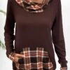 Dark Coffee Pocket Plaid Long Sleeve Hoodie