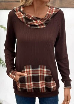Dark Coffee Pocket Plaid Long Sleeve Hoodie