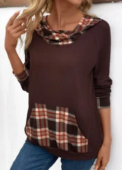 Dark Coffee Pocket Plaid Long Sleeve Hoodie -Modlily Shop 337764 P 16934782449814