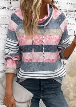 Multi Color Drawstring Striped Long Sleeve Cowl Neck Sweatshirt -Modlily Shop 337776 P 16920630133845
