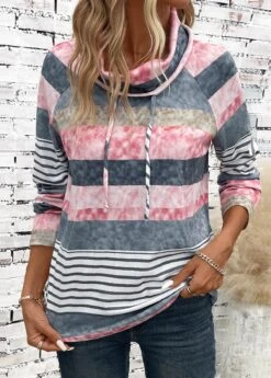 Multi Color Drawstring Striped Long Sleeve Cowl Neck Sweatshirt -Modlily Shop 337776 P 16920630135022