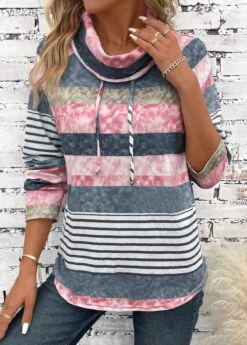 Multi Color Drawstring Striped Long Sleeve Cowl Neck Sweatshirt -Modlily Shop 337776 P 16920630136523