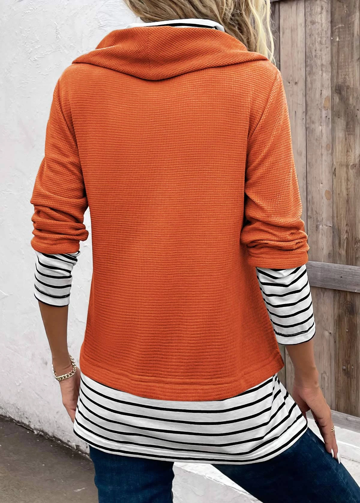 Orange Patchwork Striped Long Sleeve Cowl Neck Sweatshirt 4 Orange Patchwork Striped Long Sleeve Cowl Neck Sweatshirt - Image 2
