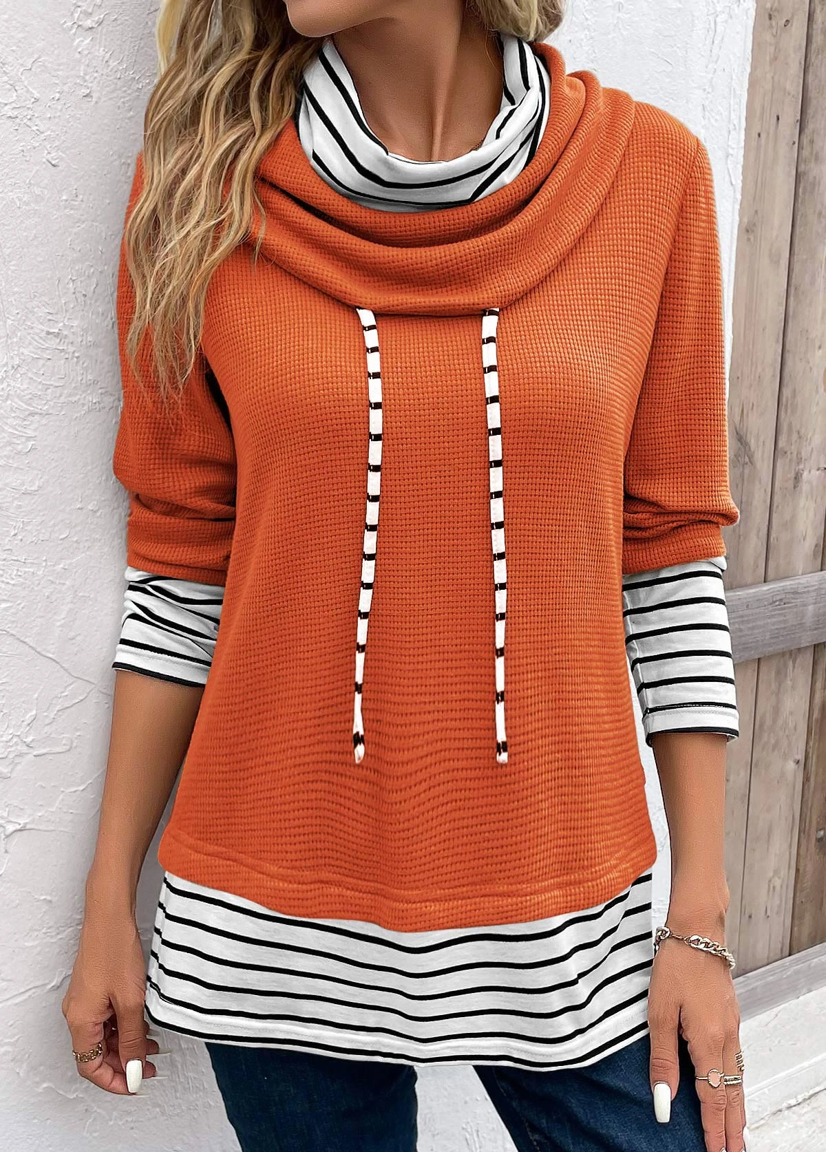 Orange Patchwork Striped Long Sleeve Cowl Neck Sweatshirt 3 Orange Patchwork Striped Long Sleeve Cowl Neck Sweatshirt