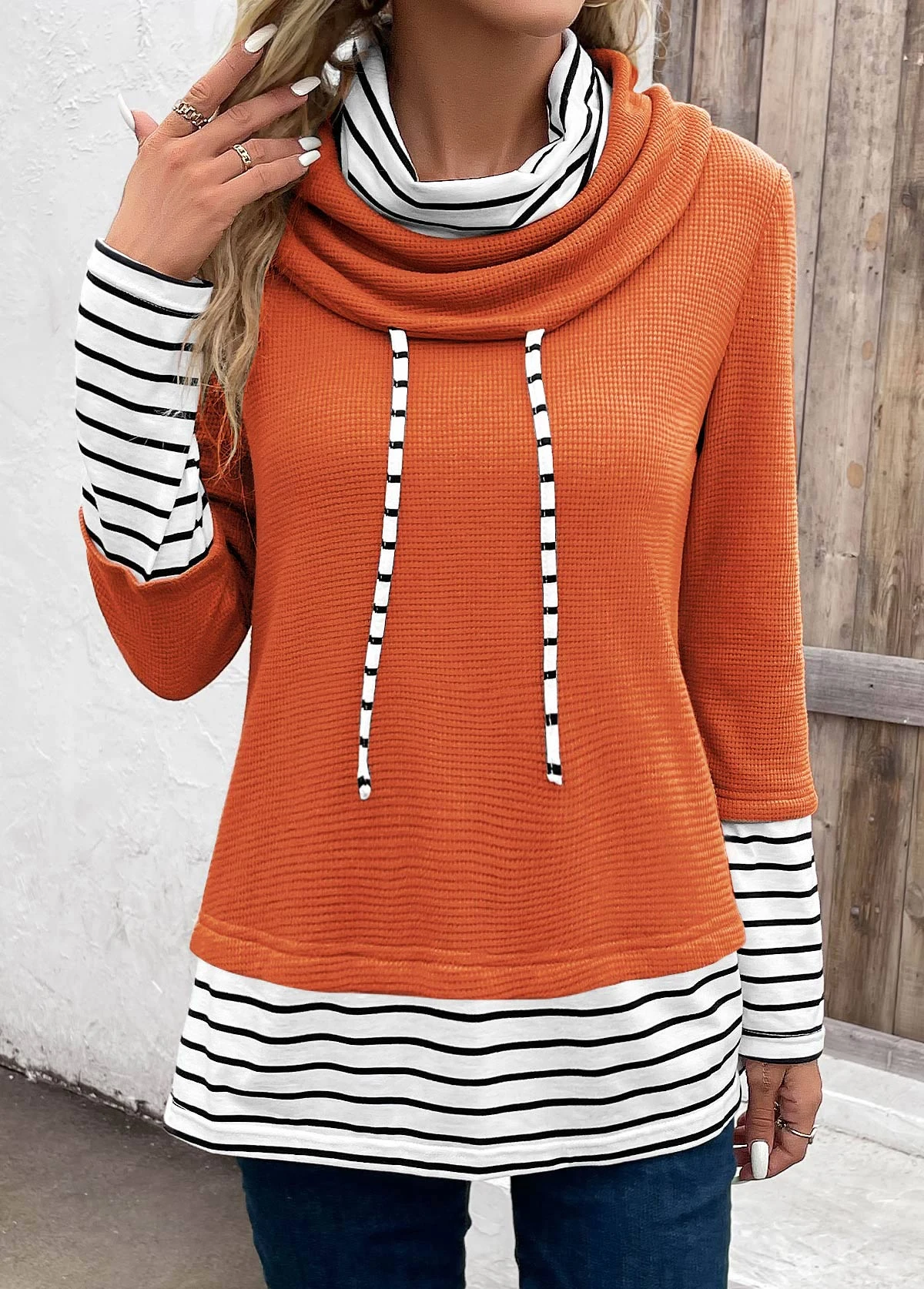 Orange Patchwork Striped Long Sleeve Cowl Neck Sweatshirt 5 Orange Patchwork Striped Long Sleeve Cowl Neck Sweatshirt - Image 3