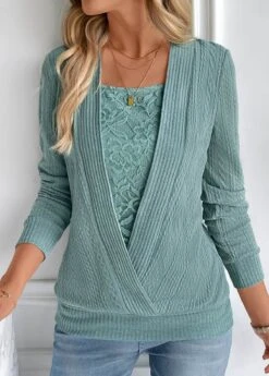 Turquoise Fake 2in1 Long Sleeve Square Neck Sweatshirt