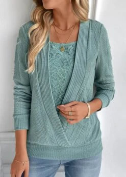 Turquoise Fake 2in1 Long Sleeve Square Neck Sweatshirt -Modlily Shop 337976 P 16916658826880