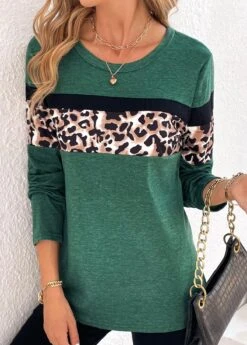 Green Patchwork Leopard Long Sleeve T Shirt 11 Green Patchwork Leopard Long Sleeve T Shirt -Modlily Shop 338000 P 16901962040344