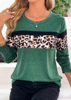 Green Patchwork Leopard Long Sleeve T Shirt 9 Green Patchwork Leopard Long Sleeve T Shirt -Modlily Shop 338000 P 16901962044260