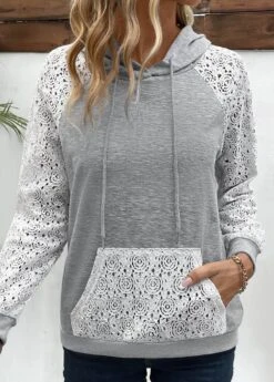 Patchwork Grey Lace Long Sleeve Hoodie -Modlily Shop 338002 P 16911500941855