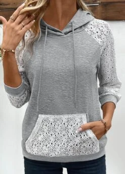 Patchwork Grey Lace Long Sleeve Hoodie -Modlily Shop 338002 P 16911500943523