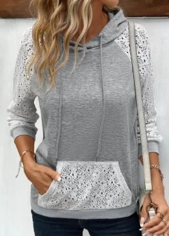 Patchwork Grey Lace Long Sleeve Hoodie