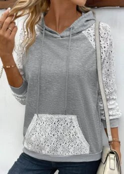 Patchwork Grey Lace Long Sleeve Hoodie -Modlily Shop 338002 P 16911500948634