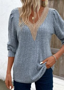 Dusty Blue Lace Long Sleeve V Neck T Shirt -Modlily Shop 338012 P 16929594001104