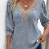Dusty Blue Lace Long Sleeve V Neck T Shirt -Modlily Shop 338012 P 16929594008272