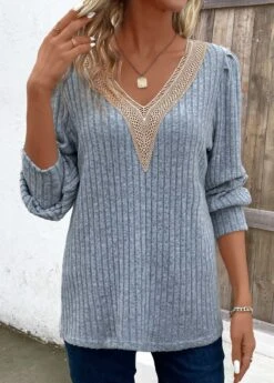 Dusty Blue Lace Long Sleeve V Neck T Shirt -Modlily Shop 338012 P 16929594009380