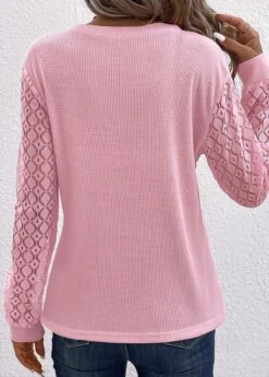 Pink Lace Long Sleeve Round Neck T Shirt -Modlily Shop 338022 P 16896772290131