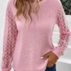 Pink Lace Long Sleeve Round Neck T Shirt -Modlily Shop 338022 P 16896772295010