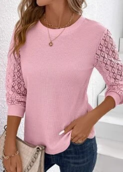 Pink Lace Long Sleeve Round Neck T Shirt -Modlily Shop 338022 P 16896772295843